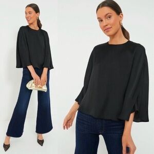 Tuckernuck NEW Black Selma Satin Twill Cape Flowy Round Neck Blouse Top Size XL